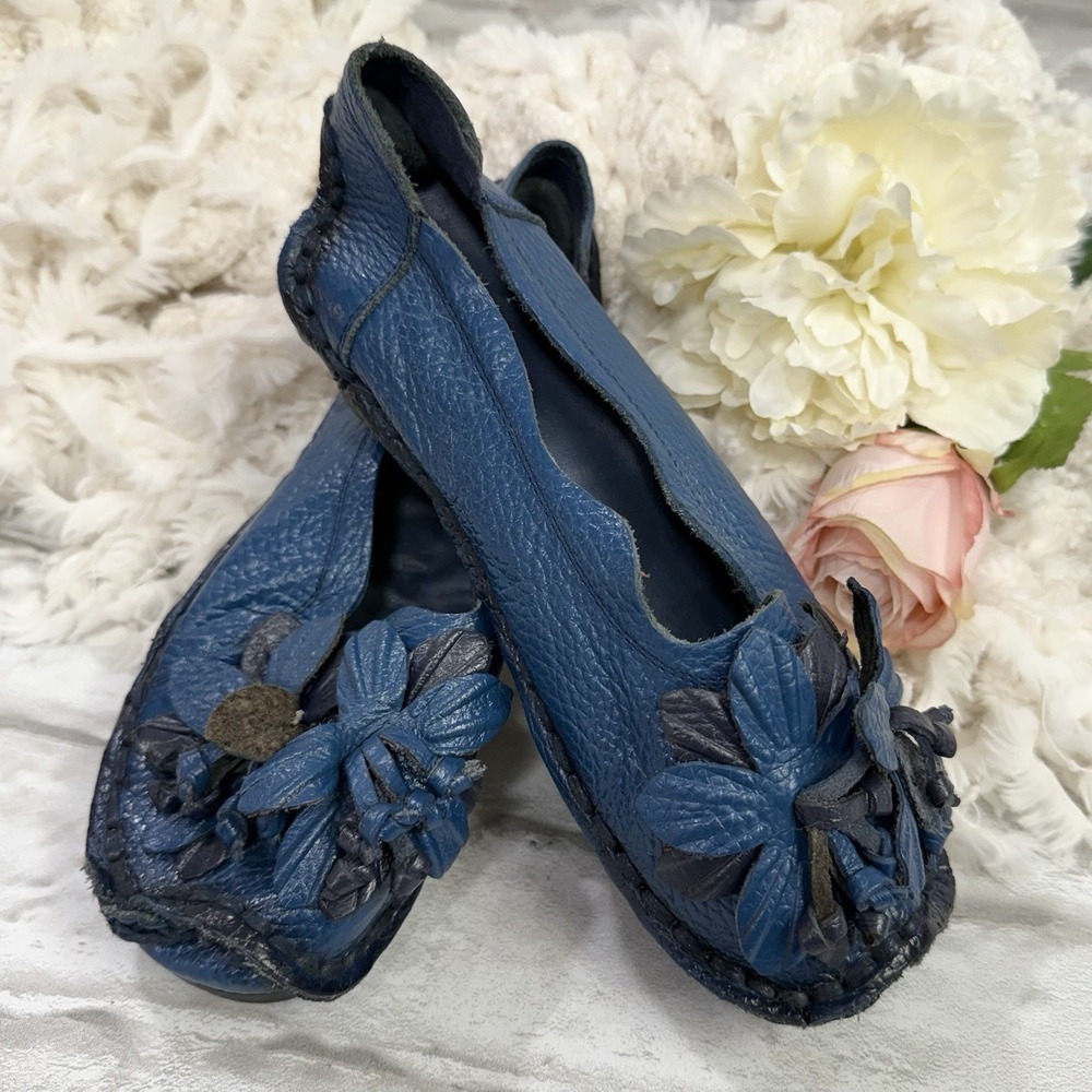 Socofy Boho Handcrafted Blue Leather Flower Womens Slip-On Flat Shoes Sz 7 - 7.5